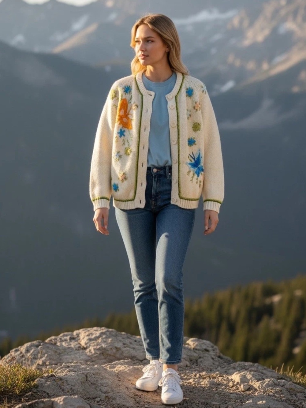 Vintage 1970s Embroidered Butterfly Floral Cardigan Boho Acrylic Cream Size Med